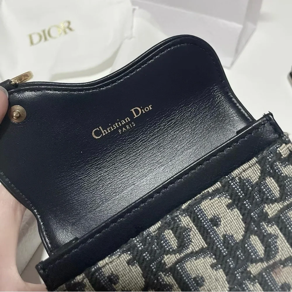 Dior Blue and Beige Jacquard Mini Wallet with Gold 'D' Charm